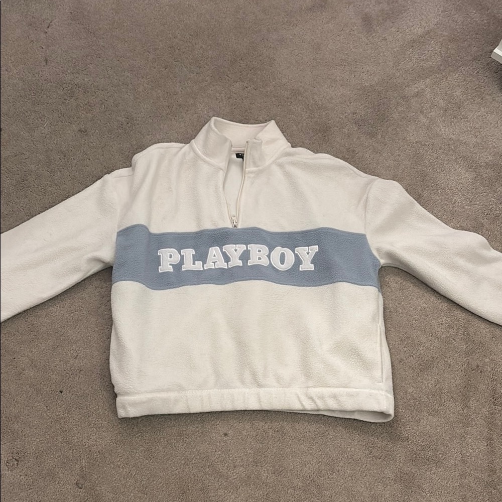 Playboy White and Blue Quarter-Zip Pullover